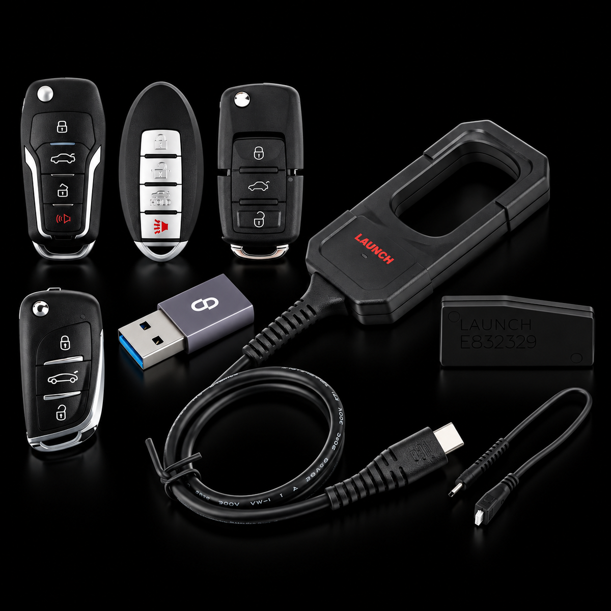 Programador de Llaves LAUNCH X431 para Programación y Clonación Automotriz sobre fondo negro