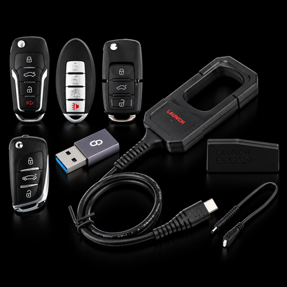 Programador de Llaves LAUNCH X431 para Programación y Clonación Automotriz sobre fondo negro