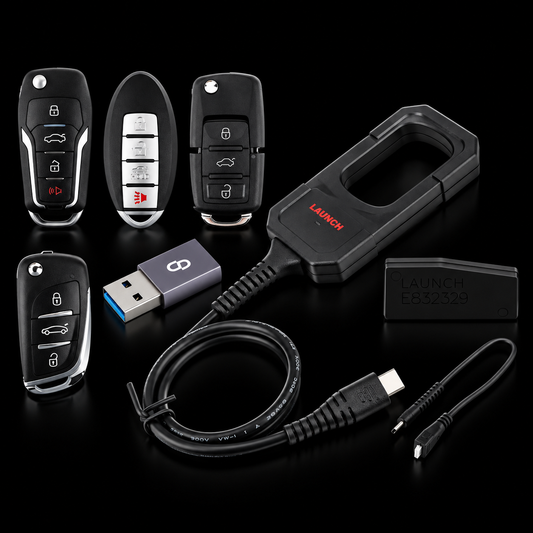 Programador de Llaves LAUNCH X431 para Programación y Clonación Automotriz sobre fondo negro