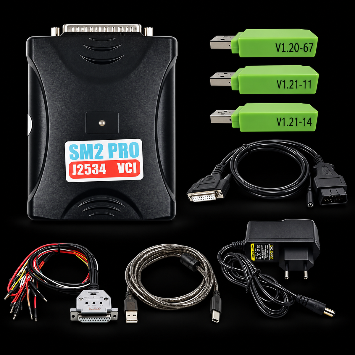 Programador ECU SM2 Pro J2534 VCI - Kit Completo con 3 Dongles y Accesorios sobre fondo negro