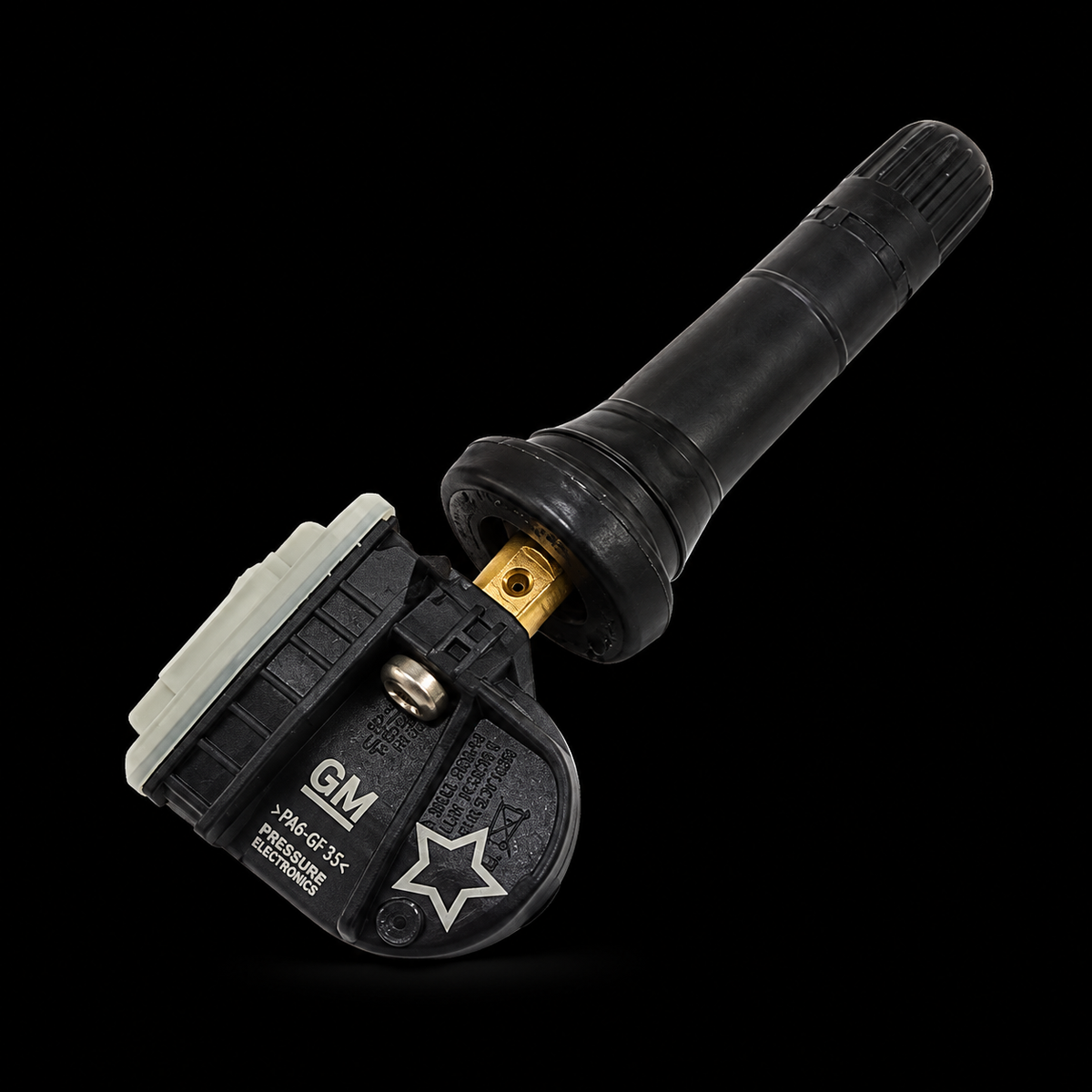 Sensor TPMS 315MHz GM Chevrolet GMC Buick Cadillac 13540600 sobre fondo negro