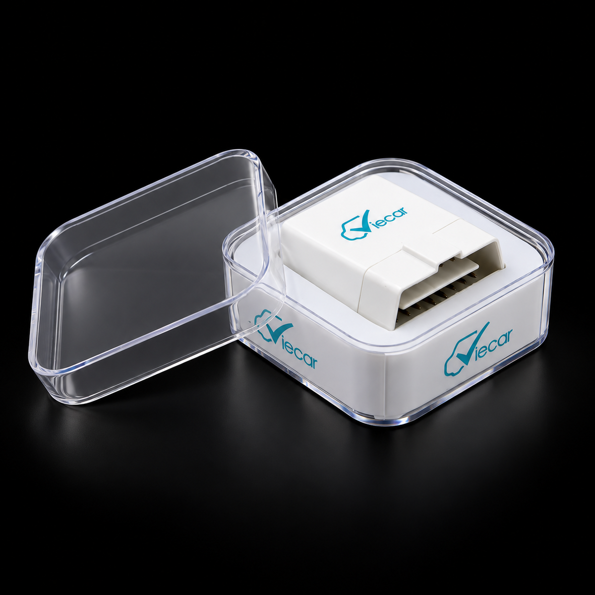 Escáner OBD2 Viecar ELM327 V1.5 Bluetooth 4.0 sobre fondo negro
