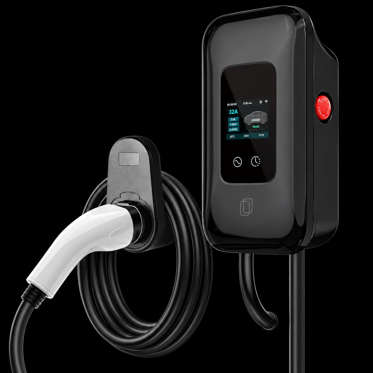 Cargador Vehículo Eléctrico Gocean Tipo 2 7kW 32A Wallbox sobre fondo negro