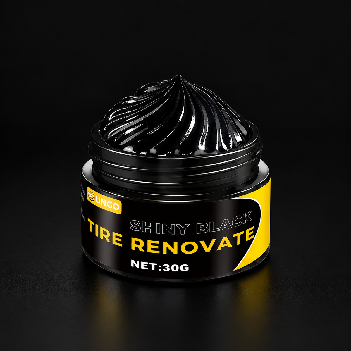 Cera Restauradora para Neumáticos Black Shiny 30g Protección y Brillo Duradero sobre fondo negro