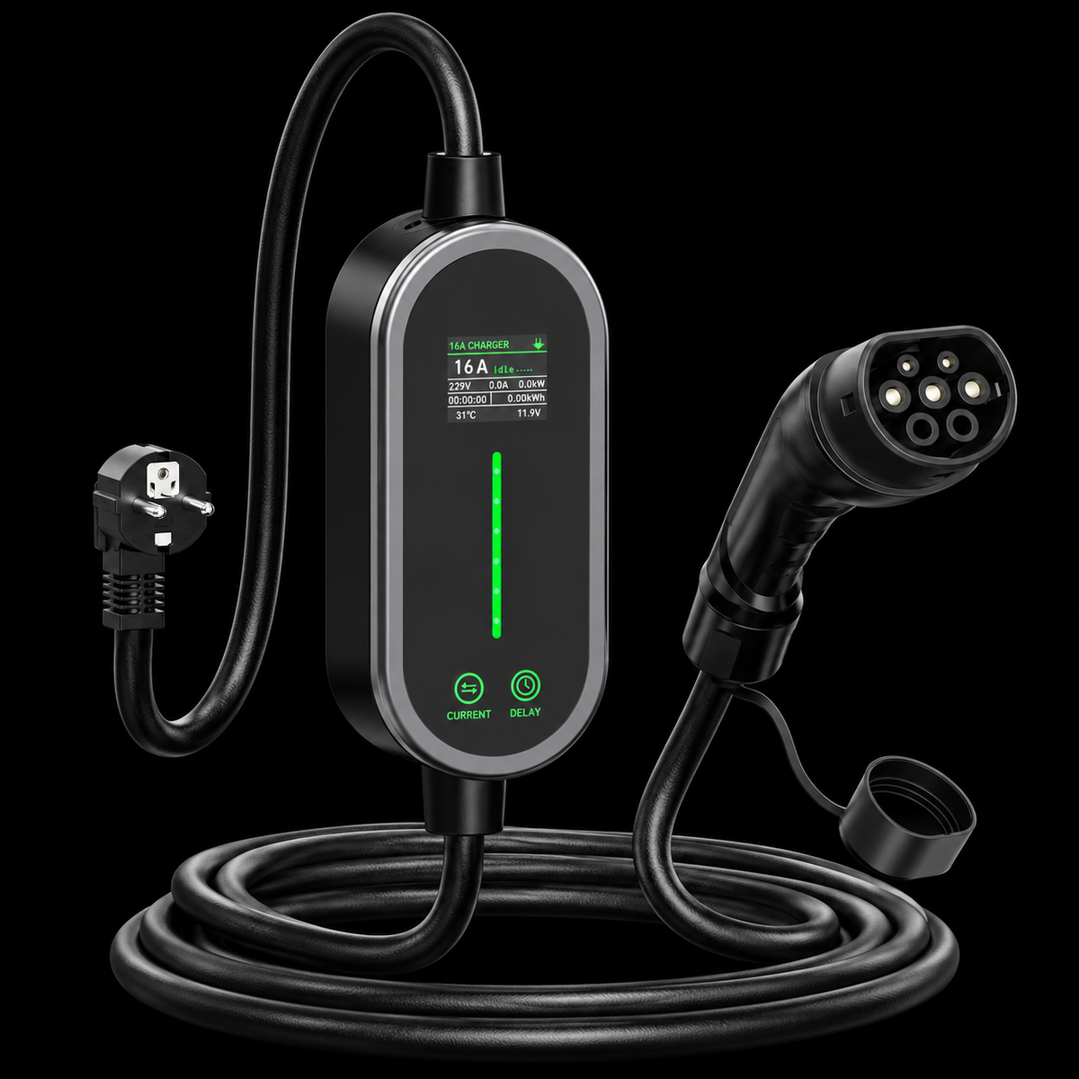 Cargador Portátil AFYEEV Tipo 2 16A 3.6KW para Vehículos Eléctricos sobre fondo negro