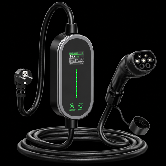 Cargador Portátil AFYEEV Tipo 2 16A 3.6KW para Vehículos Eléctricos sobre fondo negro