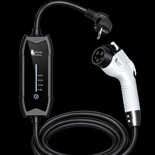 Cargador Portátil Feyree Tipo 1 16A 3.5KW para Vehículos Eléctricos sobre fondo negro