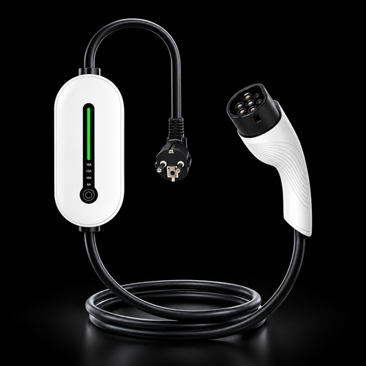 Cargador Portátil para Vehículos Eléctricos Tipo 2 – 3,5KW 16A Monofásico para Uso Doméstico sobre fondo negro