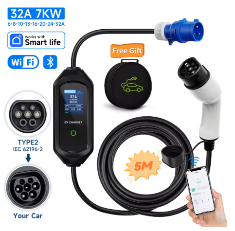 Cargador Portátil EV Tipo 2 AFEVV 7kW 32A con Control WiFi/Bluetooth